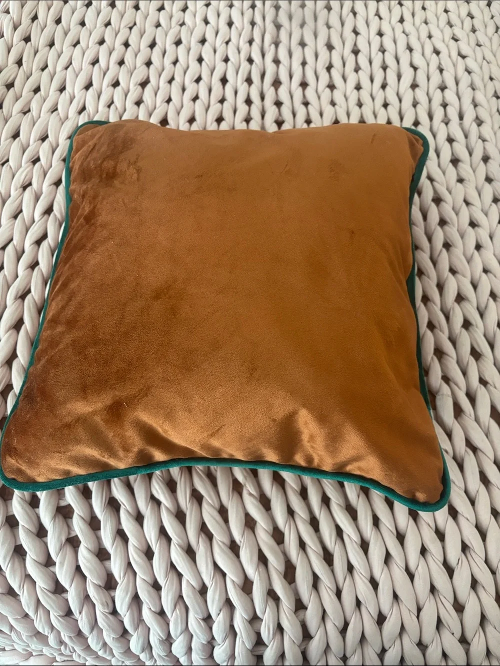 Velvet Throw Pillow in Caramel with Green Piping